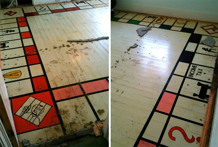 homeonwer discovers giant monopoly board painted onto floor