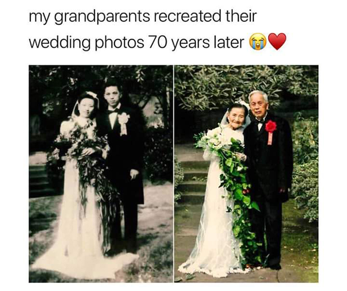 old people being wholesome couple recreating wedding photo 70 years later