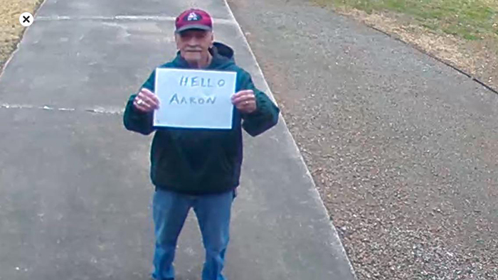 old people being wholesome grandfather sending random messages through security camera