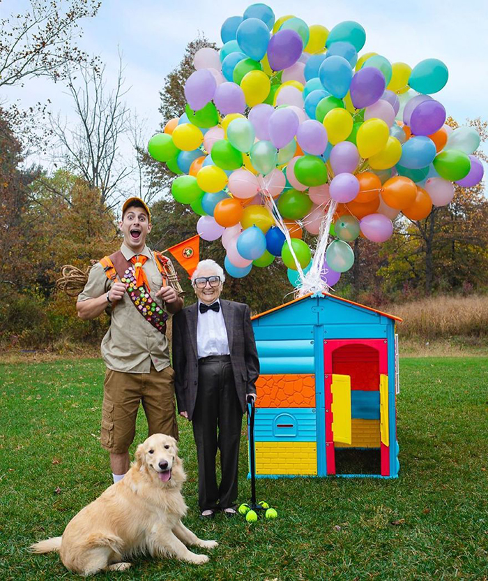 old people being wholesome grandmother and grandson with dog recreating disney up