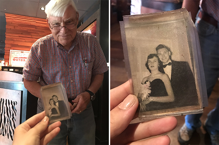 old people being wholesome man showing picture with wife at prom