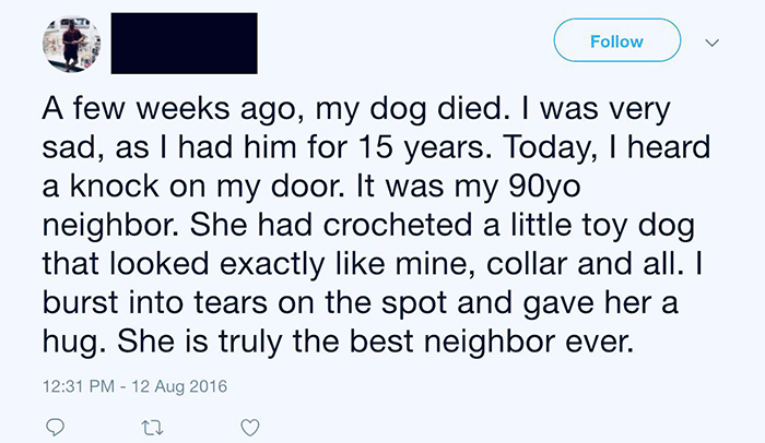 old people being wholesome woman crocheted toy dog for neighbor