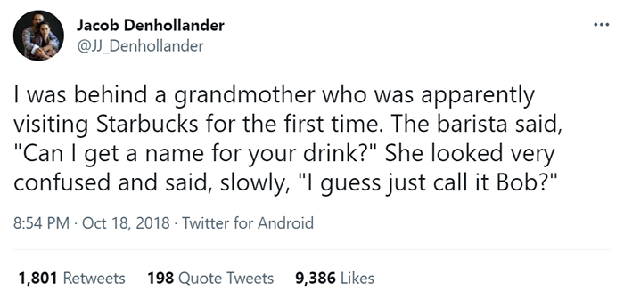 old people being wholesome woman naming her starbucks drink