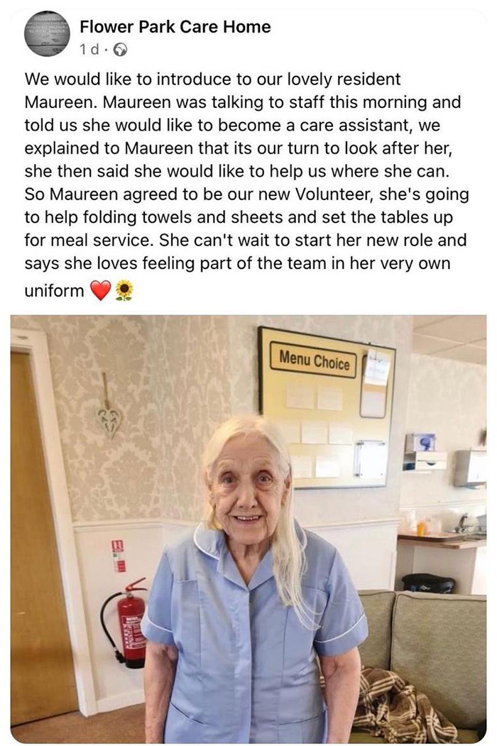 old people being wholesome woman offering to volunteer at care home