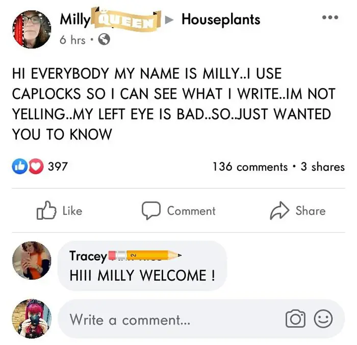 old people being wholesome woman with bad left eye writing in all caps