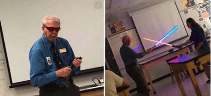 physics teacher having light saber fight with wife