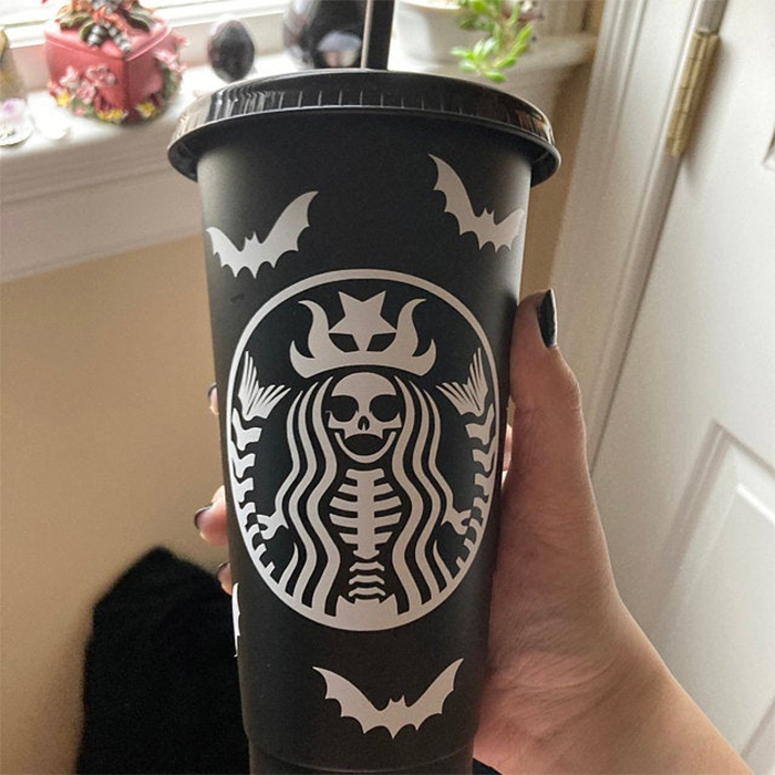 starbucks-inspired matte black skeletal mermaid cup with lid