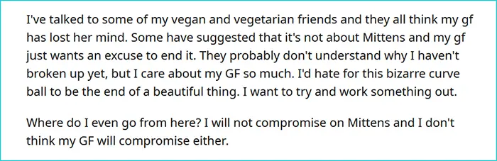 vegan gf demands man to give away his cat 6