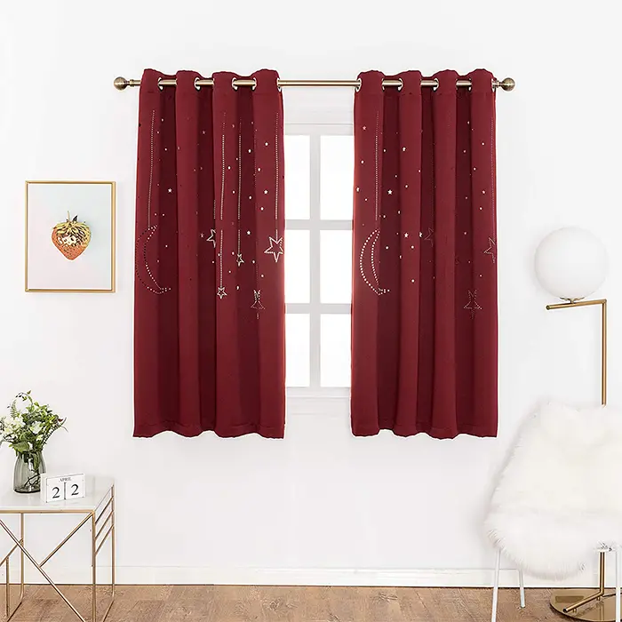 blackout curtains with galaxy cutout burgundy red
