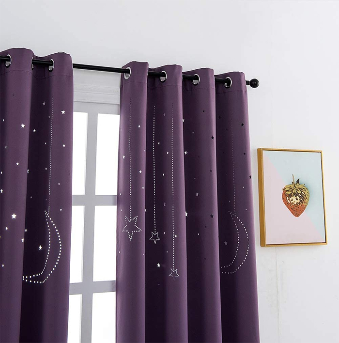 blackout curtains with galaxy cutout purple