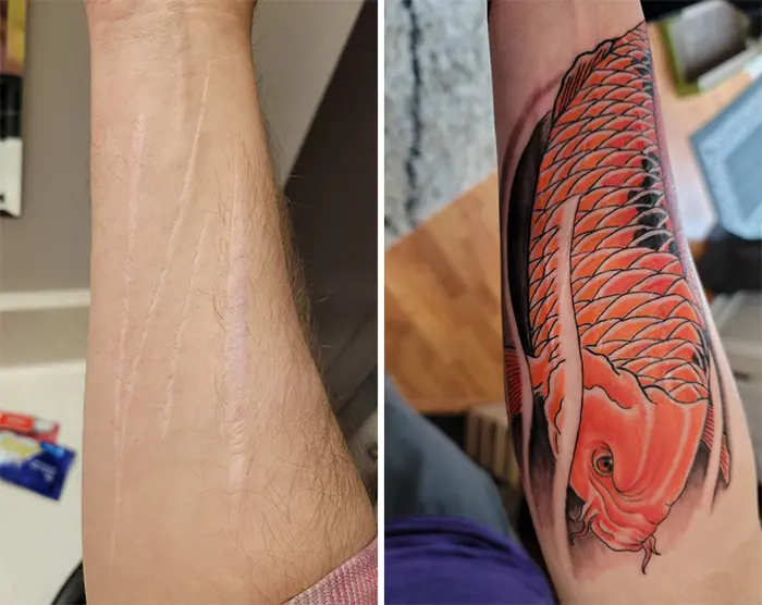 tattoo cover-ups arm scar fish