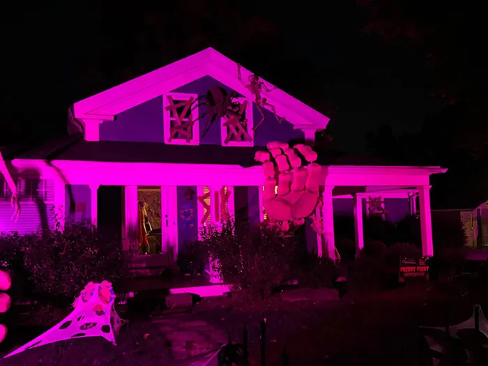 alan perkins giant skeleton halloween decoration nighttime view