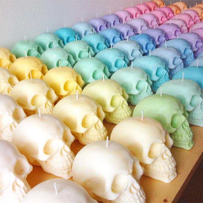 life-sized human cranium wax lighting colors