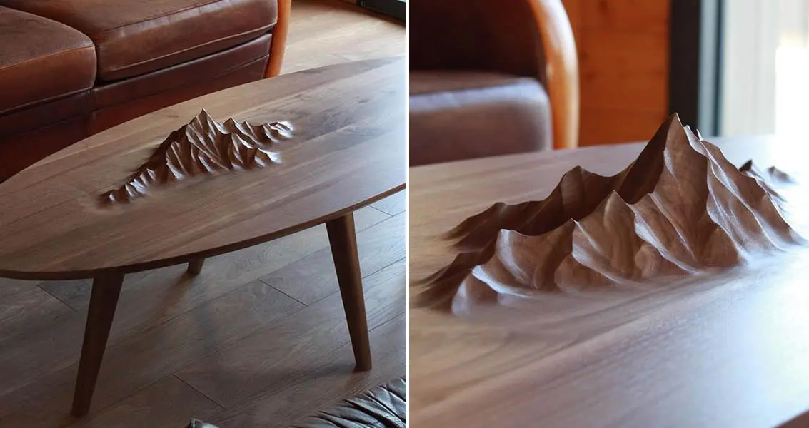 wooden tables with mountains