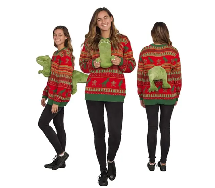 3d t-rex ugly christmas sweater plush dino