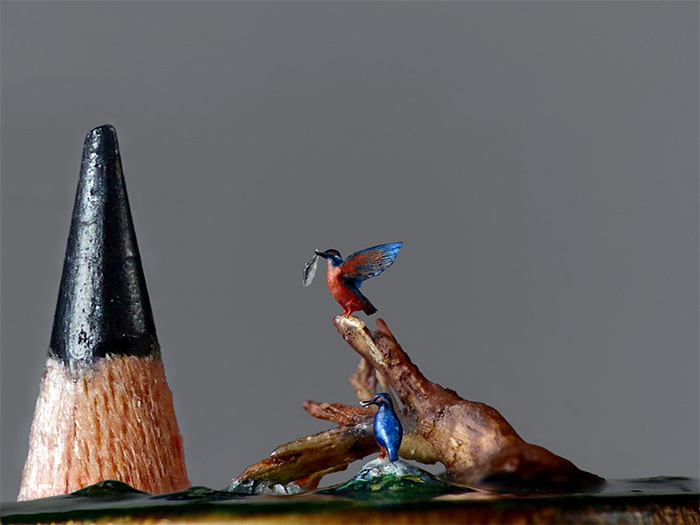 micro bird sculptures kingfishers