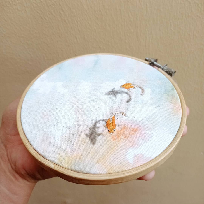 beautiful embroidery koi pond