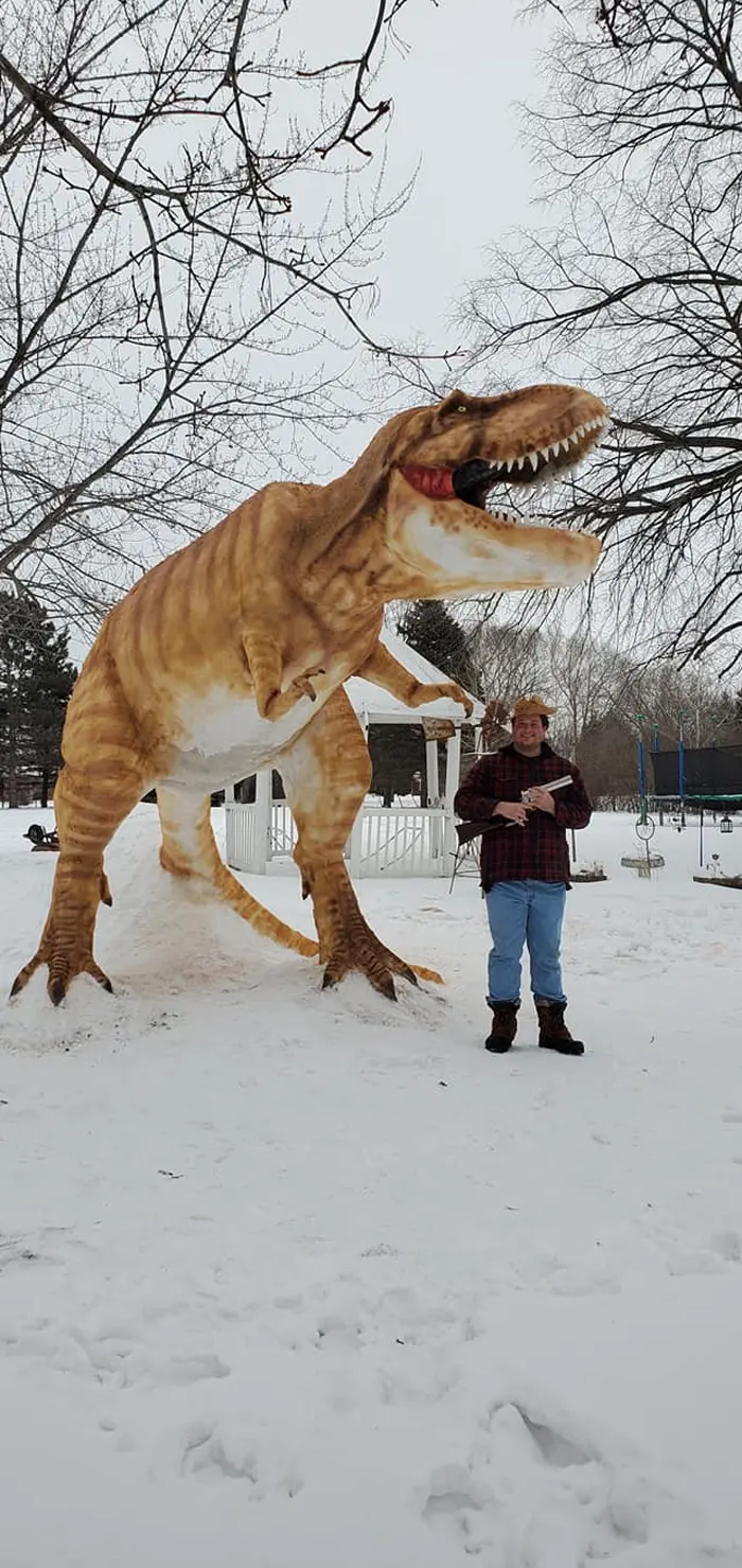 t-rex snow sculpture