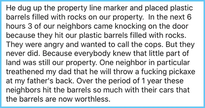 neighbors running over fence revenge story plastic barrels