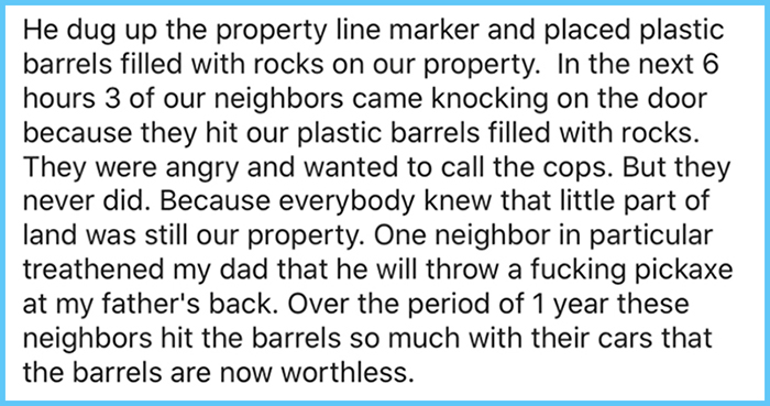 neighbors running over fence revenge story plastic barrels