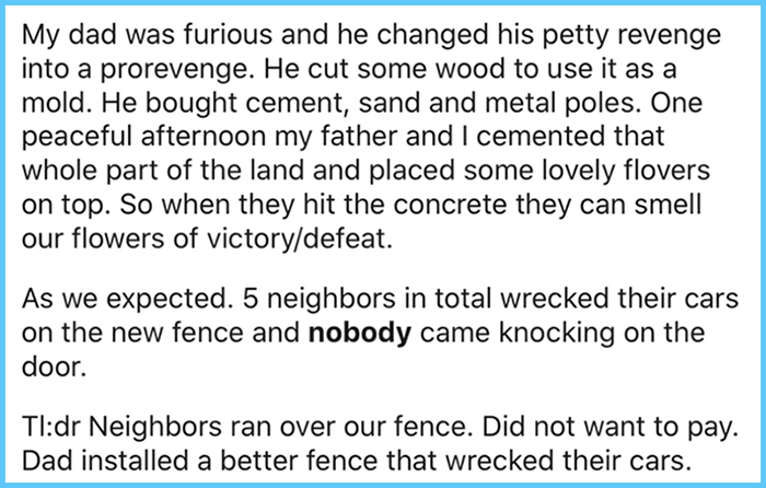 neighbors running over fence revenge story wrecked cars