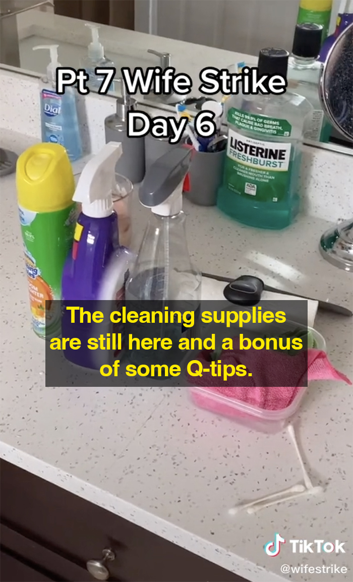 wife strike cleaning supplies and qtips on bathroom vanity top
