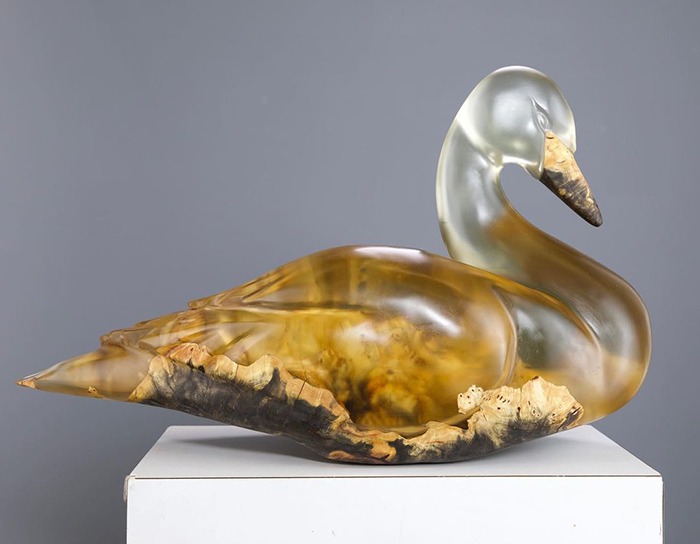 epoxy and buckeye burl carved swan figure by blake mcfarland