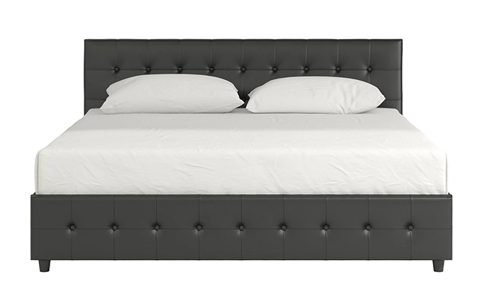 pop-up storage bed with black faux leather upholstery