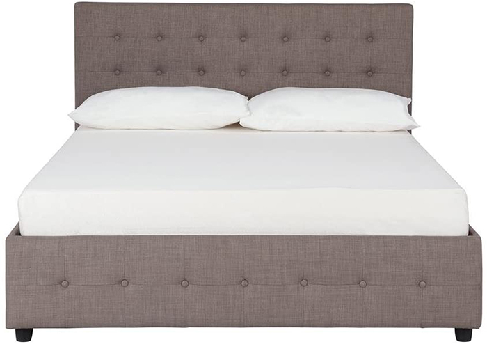 pop-up storage bed with gray linen upholstery