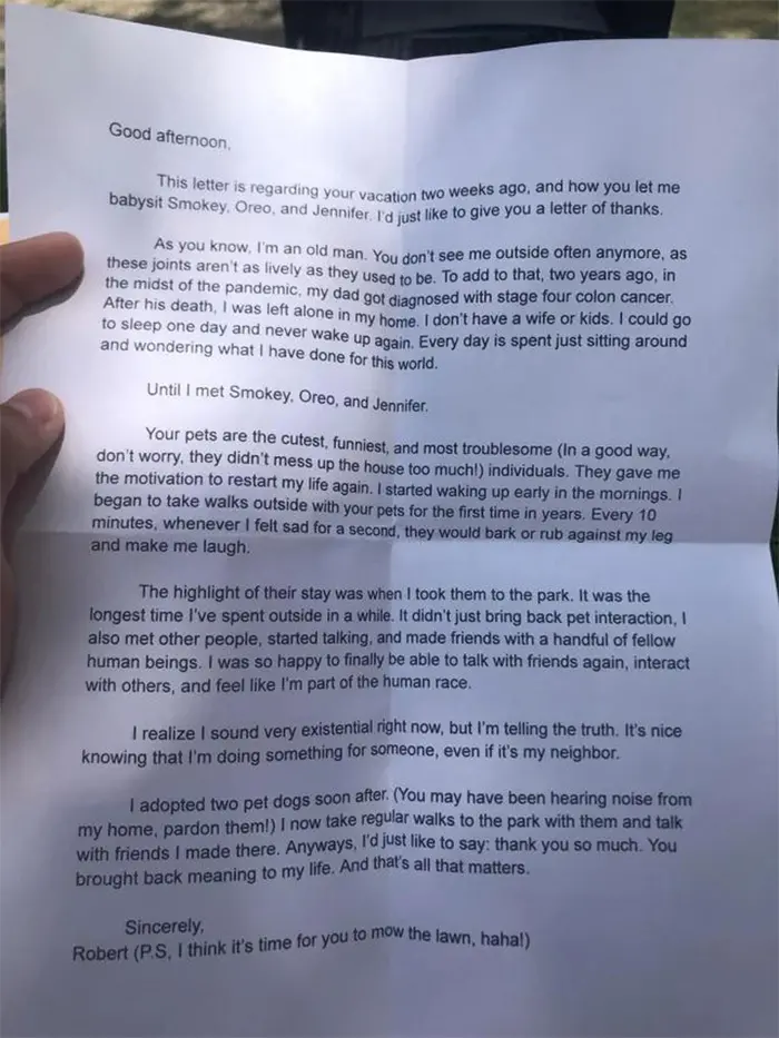 heartfelt letter to neighbor after babysitting pets